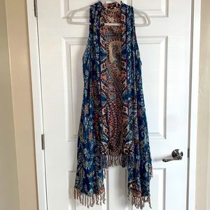 Anthropologie Raj reversible open front fringe vest size large